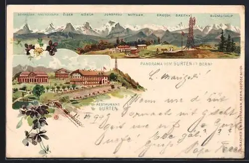 Künstler-AK Gurten bei Bern, Restaurant Gurten, Panorama mit Eiger, Mönch & Jungfrau, Gurtenbahn
