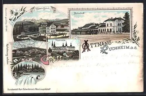 Lithographie Attnang-Puchheim, Bahnhof-Hotel, Bahnhof mit haltendem Zug, Traunfall