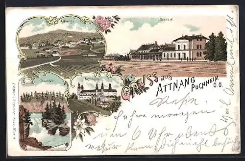 Lithographie Attnang, Blick auf den Ort, Bahnhof, Traunfall, Puchheim