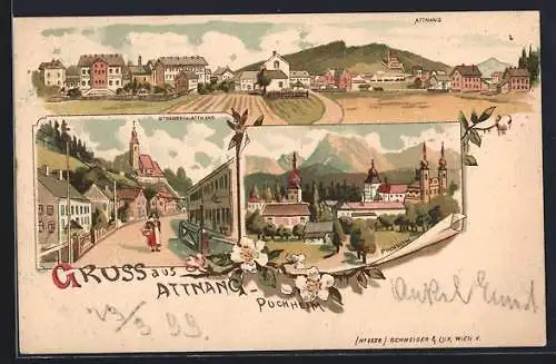 Lithographie Attnang-Puchheim, Strassenpartie im Ort, Teilansicht mit Kirche, Teilansicht mit Karlskirche
