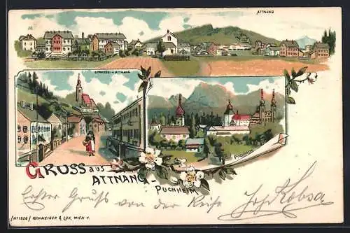 Lithographie Attnang-Puchheim, Ortsansichten von oben, Strassenpartie in Attnang
