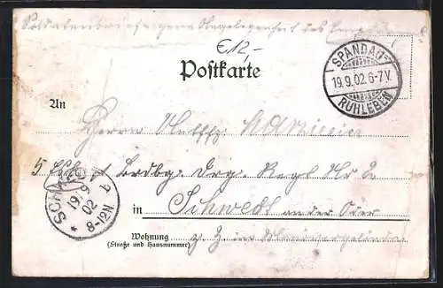 Lithographie Berlin-Spandau, Strassenbahn, Schönwalderstrasse mit Kaufhaus Louis Hirsch