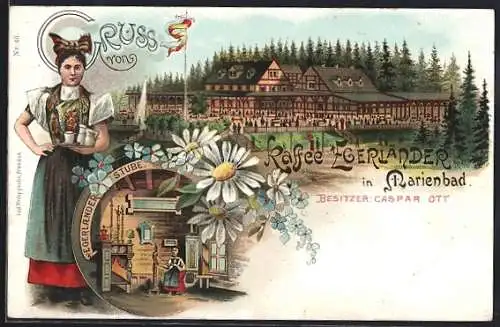 Lithographie Marienbad, Cafe Egerländer, Egerländer Stube, Frau in Tracht