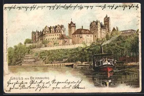 Künstler-AK Bernburg, Uferpartie mit Dampfboot