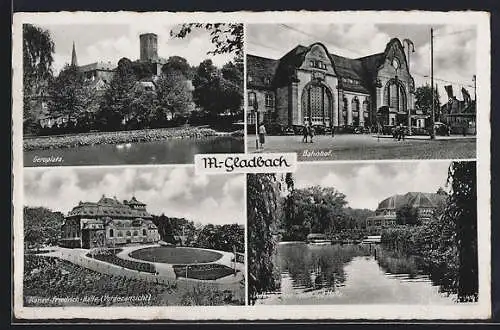 AK M.-Gladbach, Geroplatz, Bahnhof & Kaiser-Friedrich-Halle