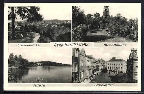 AK Iserlohn, Gesamtansicht, Bismarckturm, Rathausplatz