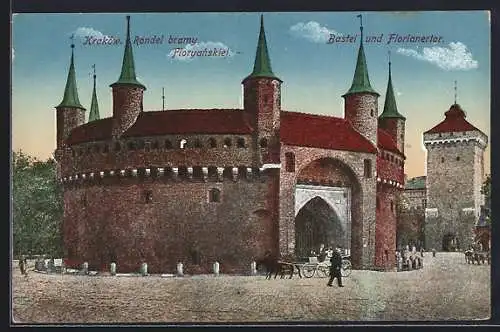 AK Krakau-Krakow, Bastei und Florianertor mit Kutsche und Passanten