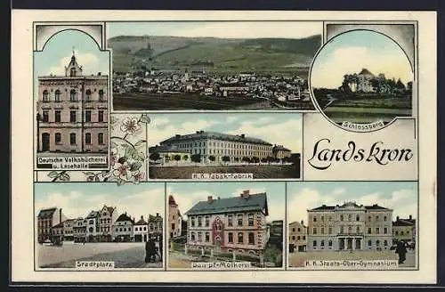 AK Landskron, Deutsche Volksbücherei und Lesehalle, Schlossberg, Dampf-Molkerei