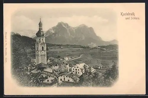 AK Kastelruth, Teilansicht mit Kirche und Schlern