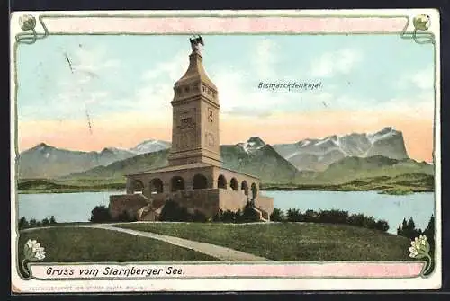 Lithographie Berg / Starnberger See, Am Bismarckdenkmal