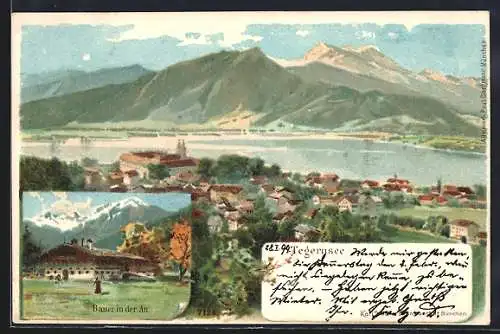 Künstler-AK Tegernsee, Bauer in der Au, Gesamtansicht und Alpenpanorama