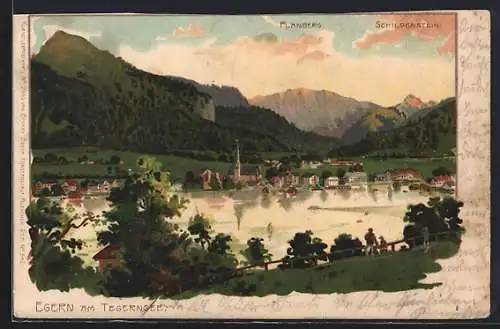 Künstler-AK Egern, Panorama vom Tegernsee-ufer aus