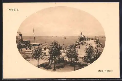 AK Trieste, Hafenpartie mit Dampfer