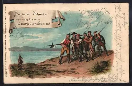 Lithographie Die sieben Schwaben, Jokele gang du voran...