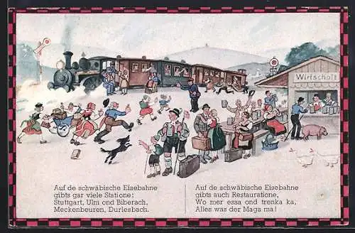 Künstler-AK Hans Boettcher: Reisende eilen auf den Bahnhof um die Eisenbahn zu erreichen