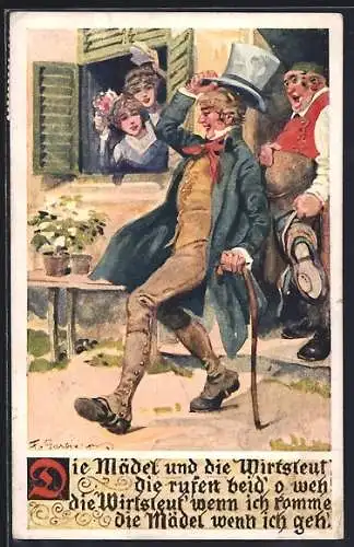 Künstler-AK F. Gareis: Wanderbursche grüsst junge Frauen beim Verlassen des Gasthauses