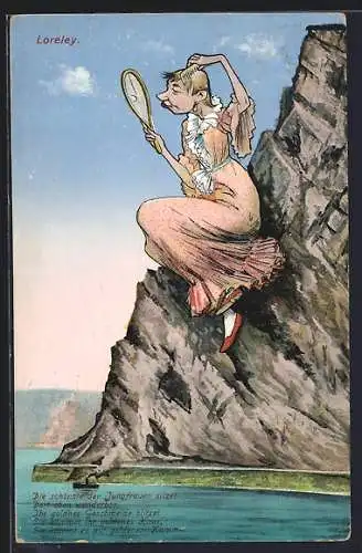 AK Sich kämmende Loreley mit Männergesicht, Karikatur
