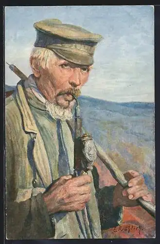 Künstler-AK Der Kräutersammler, Mann mit Pfeife