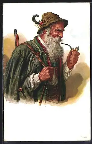 AK ein Jäger in seiner Kluft mit Pfeife, Hut und Flinte