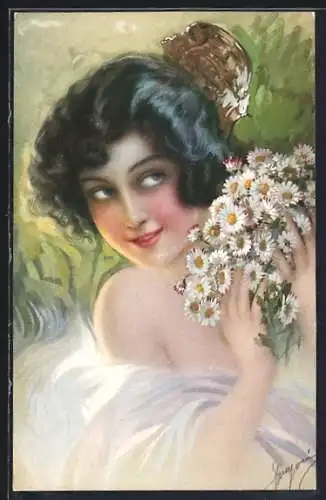 Künstler-AK sign. Manzoni: Schöne junge Dame mit Gänseblümchen