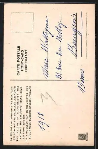AK Brüssel, Chauffeur am Steuer einer Brabant Luxus-Limousine, Rückkehr von Bürgermeister Max 1918