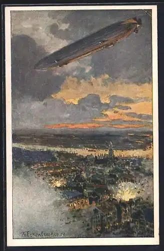 Künstler-AK Themistokles v. Eckenbrecher: Zeppelin über Antwerpen, Bombardement der Stadt durch ein deutsches Luftschiff