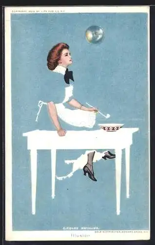 Künstler-AK sign. C. Coles Phillips: Bedienstete macht auf einem Tisch sitzend Seifenblasen