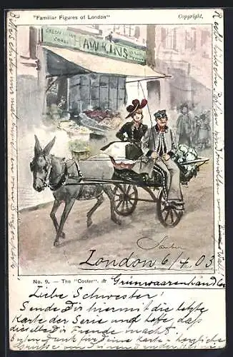 Künstler-AK Familiar Figures of London, The Coster, Eselkutsche