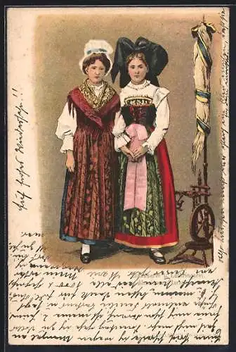 Lithographie elsass-lothringische Tracht, Frauen stehend mit Spinnrad