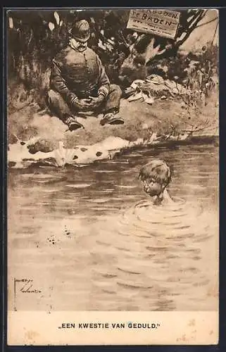 Künstler-AK Lawson Wood: Polizist schläft am ufer, Junge badet im verbotenen See