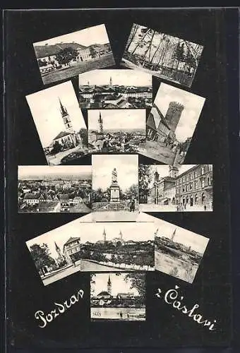 AK Caslav, Kirchen, Denkmal und Strassenpartie
