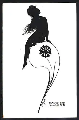 Künstler-AK Diefenbach: Schattenbild einer jungen Frau auf einer Blume sitzend