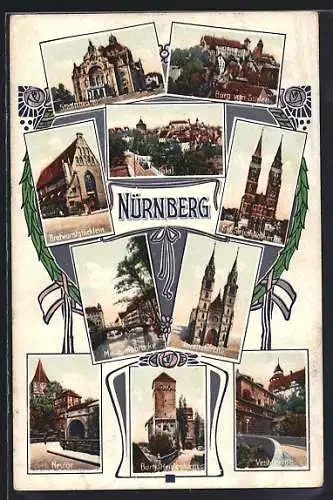 AK Nürnberg, Bratwurstglöcklein, Sebalduskirche, Lorenzkirche, Museumsbrücke
