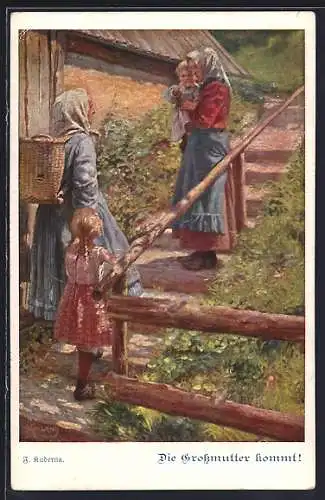 Künstler-AK Franz Kuderna: Deutscher Schulverein NR. 851, F. Kuderna: Die Grossmutter kommt, Kinder begrüssen ihre Oma