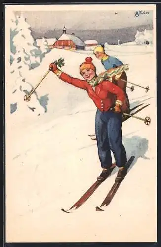 AK Kinder fahren gemeinsam auf ihren Skiern durch den Schnee