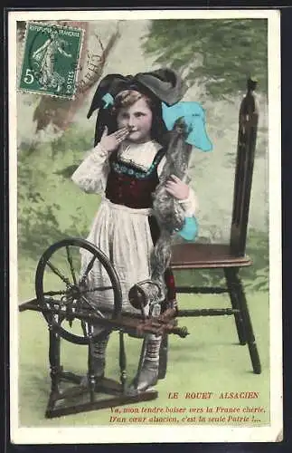 AK Mädchen in Elsässer Tracht mit Spinnrad