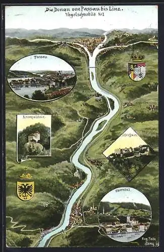 Künstler-AK Eugen Felle: Passau, Landkarte mit Oberhaus, Krempelstein, Obernzell und Städtewappen