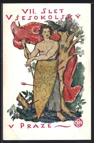 AK Prag, Mann mit Schild und Fahne, VII. Slet vsesokolsky, Sokol