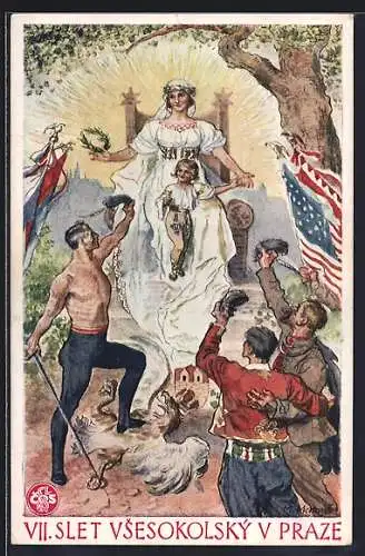 AK Prag, VII. Slet Vsesokolský v Praze, 1920, USA-Fahne, Turner mit Degen