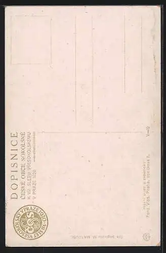 AK Prag, VII. Slet Vsesokolský v Praze, 1920, USA-Fahne, Turner mit Degen