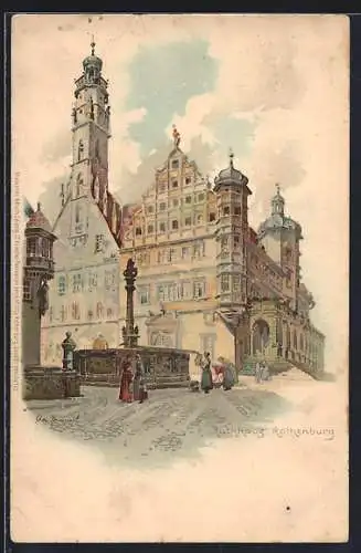 Künstler-AK Otto Hammel: Rothenburg / Tauber, Partie mit Rathaus und Brunnen