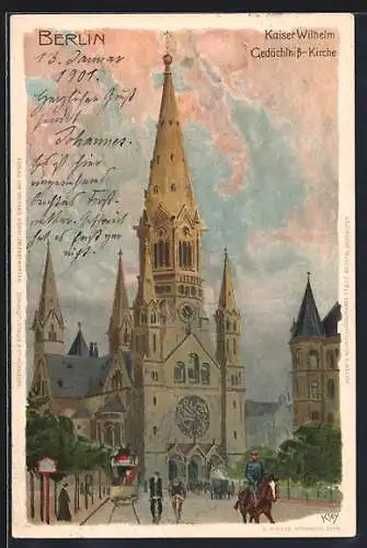 Künstler-AK Heinrich Kley: Berlin, Kaiser Wilhelm-Gedächtnis-Kirche mit Strassenbahn und Reiter