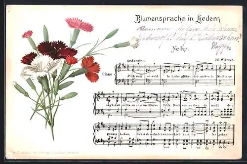 Künstler-AK Blumensprache in Liedern, Nelkenstrauss mit Liedtext und Noten