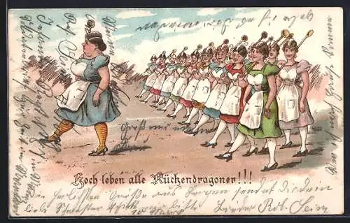 Künstler-AK Dienstmädchen marschieren mit Kochlöffeln, Hoch leben alle Küchendragoner!