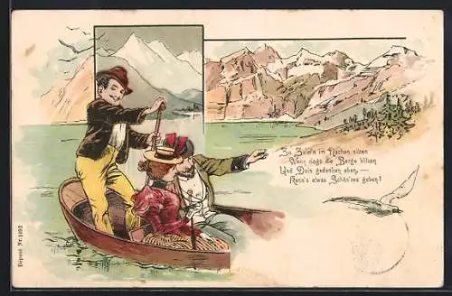 Lithographie Paar sitz in einem Ruderboot auf einem Bergsee