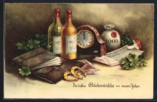AK Die besten Glückwünsche zum neuen Jahr, Wein, Uhr, Geld, Hufeisen, etc.