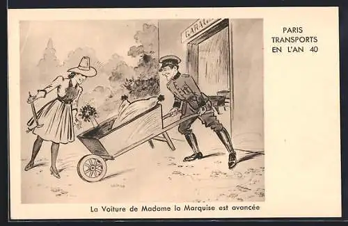 Künstler-AK Paris transports en l`An 40, La Voiture de Madame la Marquise est avancée