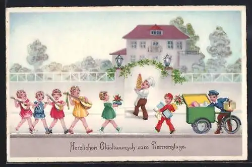 Künstler-AK Glückwünsche zum Namenstag, Bote und Kinder mit Musikintrumenten und Geschenken