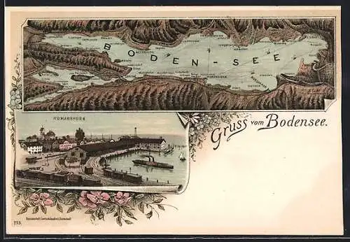 Lithographie Romanshorn, Ortspartie am Hafen, Landkarte Bodensee mit Umgebung, Eisenbahn, Dampfer
