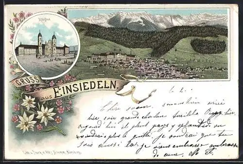 Lithographie Einsiedeln, Das Kloster, Totalansicht gegen die Berge